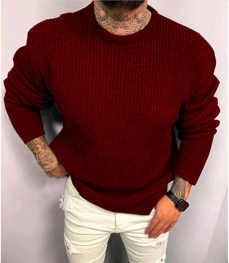 Men's Solid Color Waffle Round Neck Pullover sweater