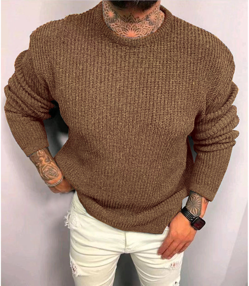 Men's Solid Color Waffle Round Neck Pullover sweater