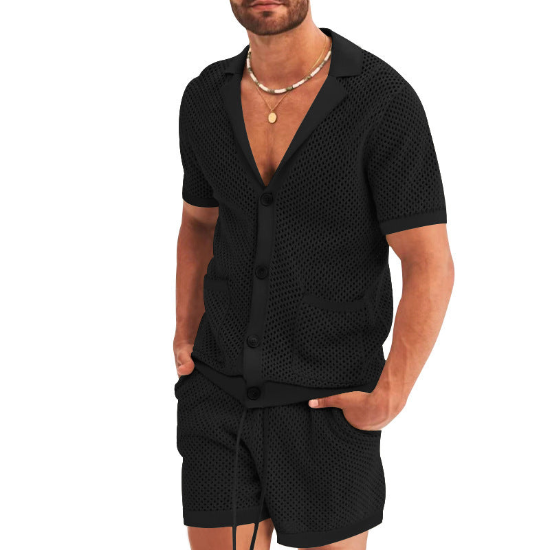 Men's Casual Mesh Knit Casual Lapel Two-Piece Suit