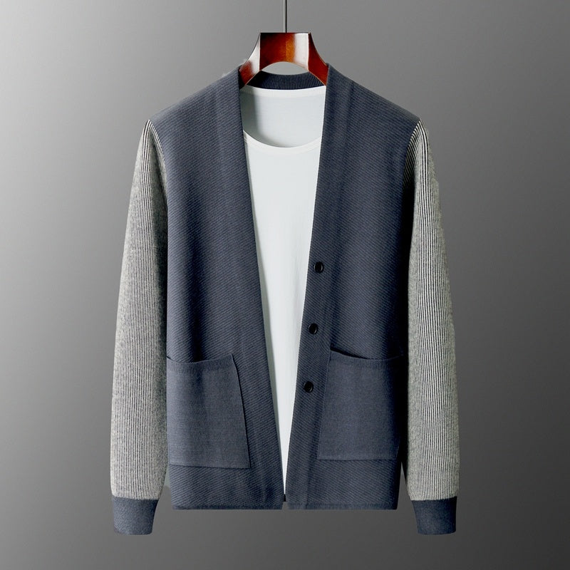 Wool Coat Men's Fall Plus Size Loose Casual Contrast Color Pocket Sweater
