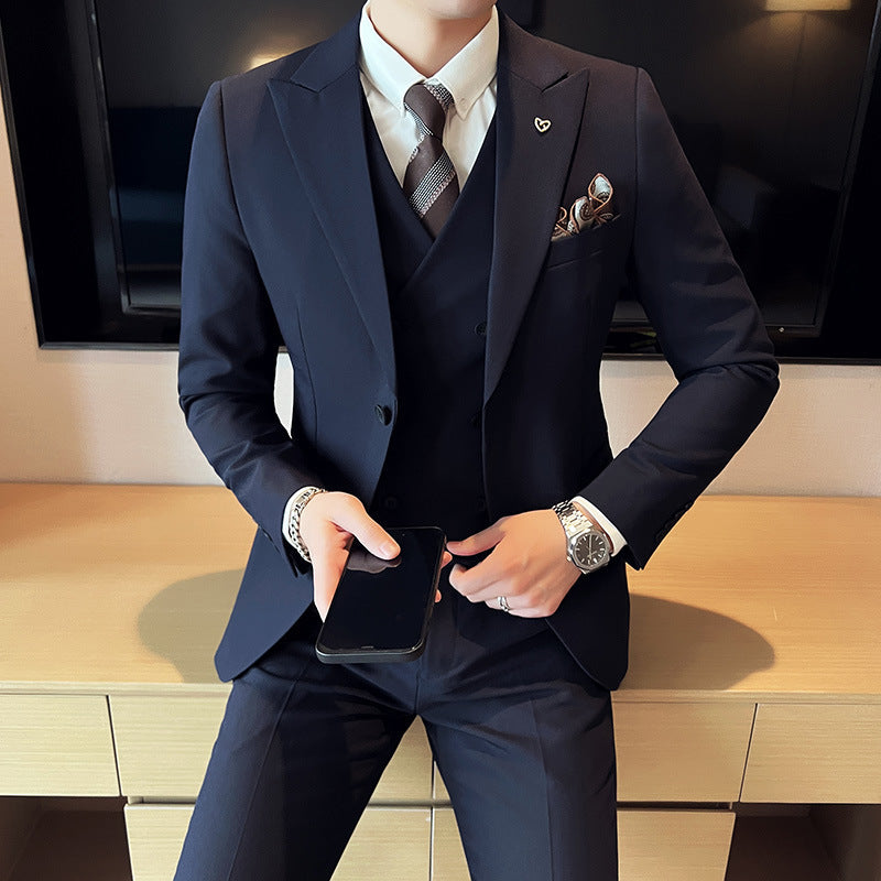 Slim Korean Style Double Buckle Solid Color Light Business Spring Striped Suit Jacket