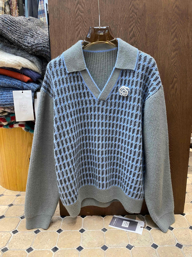 Stitching Contrast Color V-neck Houndstooth Sweater