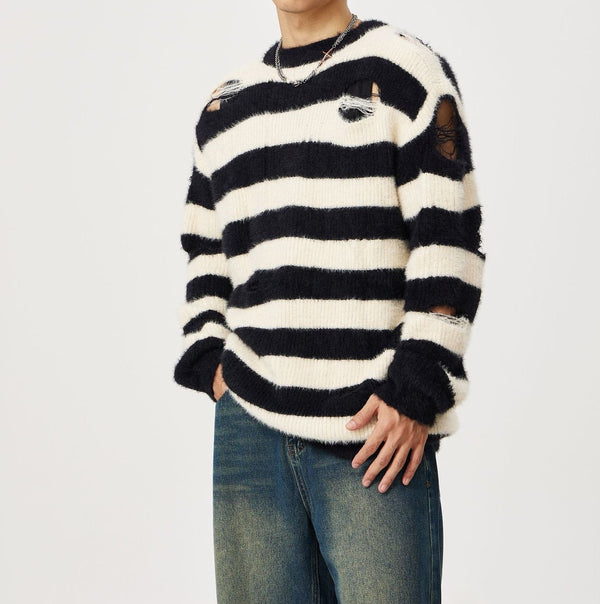 Striped Round Neck Ripped Pullover Sweater