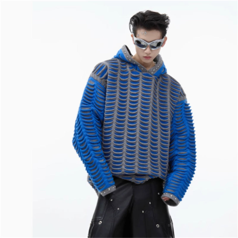 Contrast Color Knitted Hooded Sweatshirt With Metal Rivets