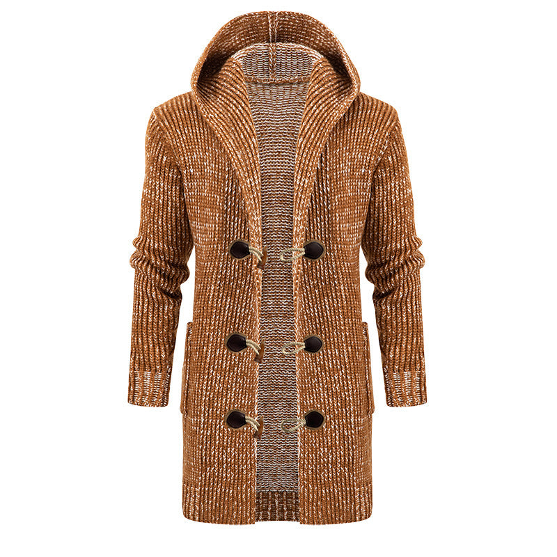 Cardigan Hooded Long Sweater With Horn Buttons