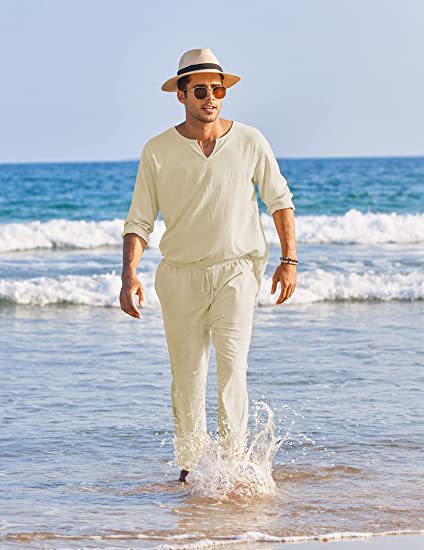Men's Casual Solid Color Elastic Cotton Linen Two-Piece Suit