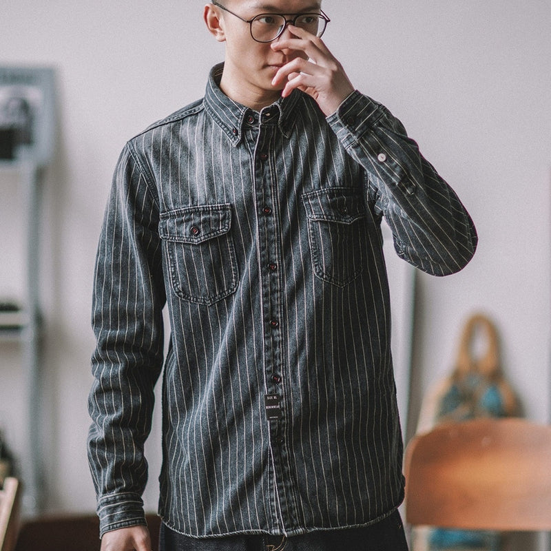 Vintage Vertical Stripes Denim Shirt