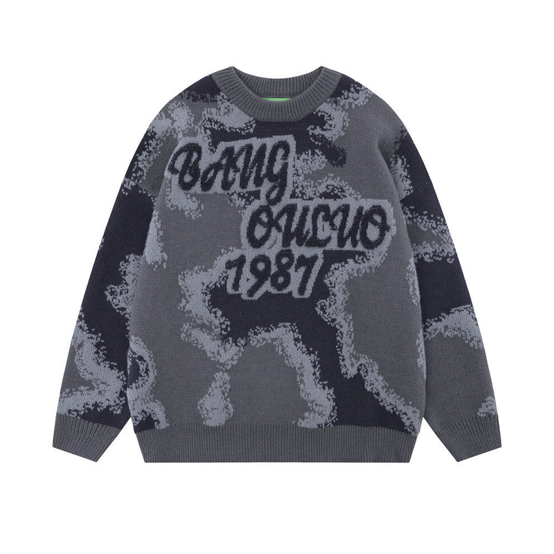Men's Loose Contrast Color Flocking Letter Pullover Sweater