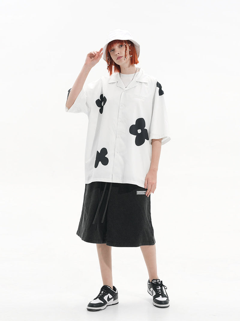 Hand Drawn Silhouette Floral Vintage Cuban Collar Short Sleeve shirt
