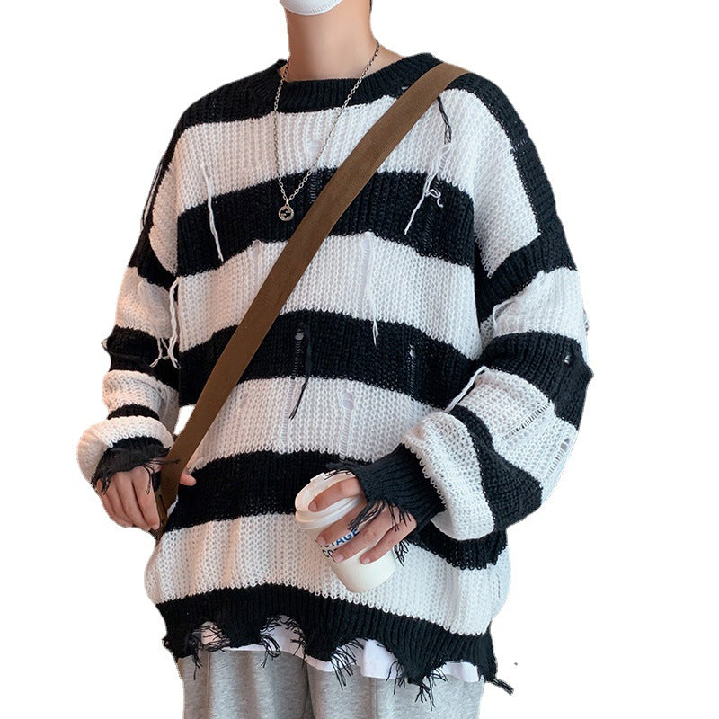 Men Ripped Fringe Striped Sweater