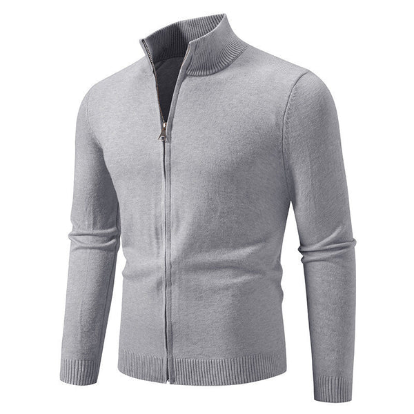 Stand Collar Simple Zipper Solid Color Cardigan Sweater