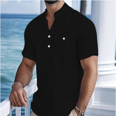 Stand Collar Linen Short Sleeve Shirt Men