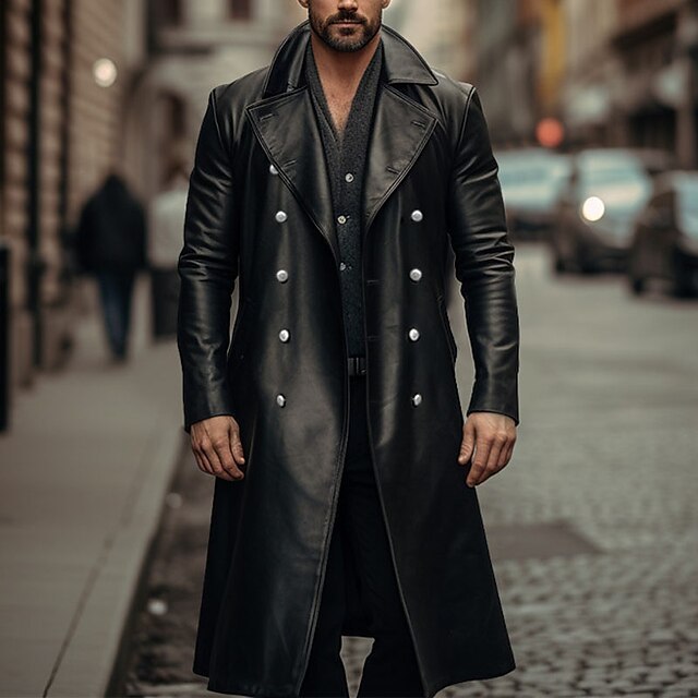 Double-breasted Leather Long Trench Coat